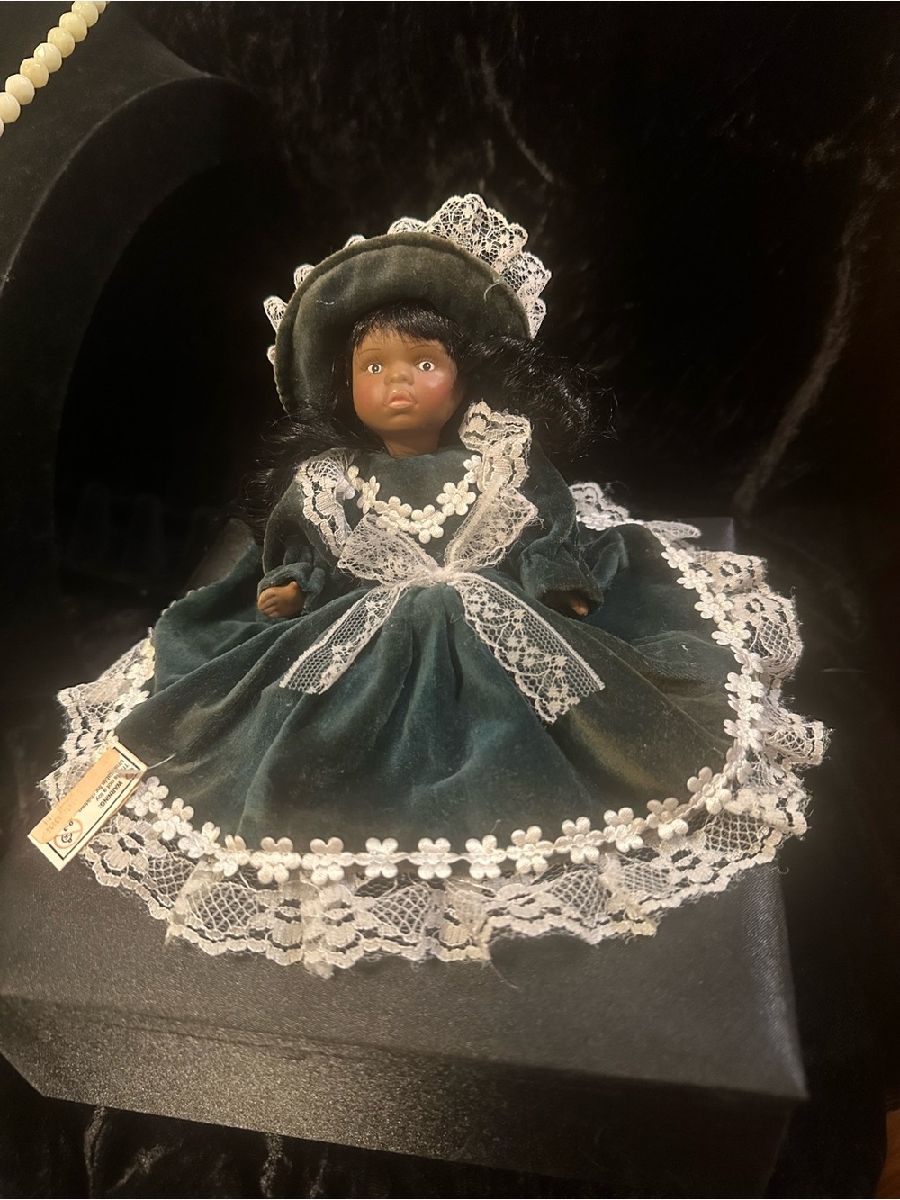 Porcelain Decorative Doll in Dark Green Velvet Dress with Lace Trim